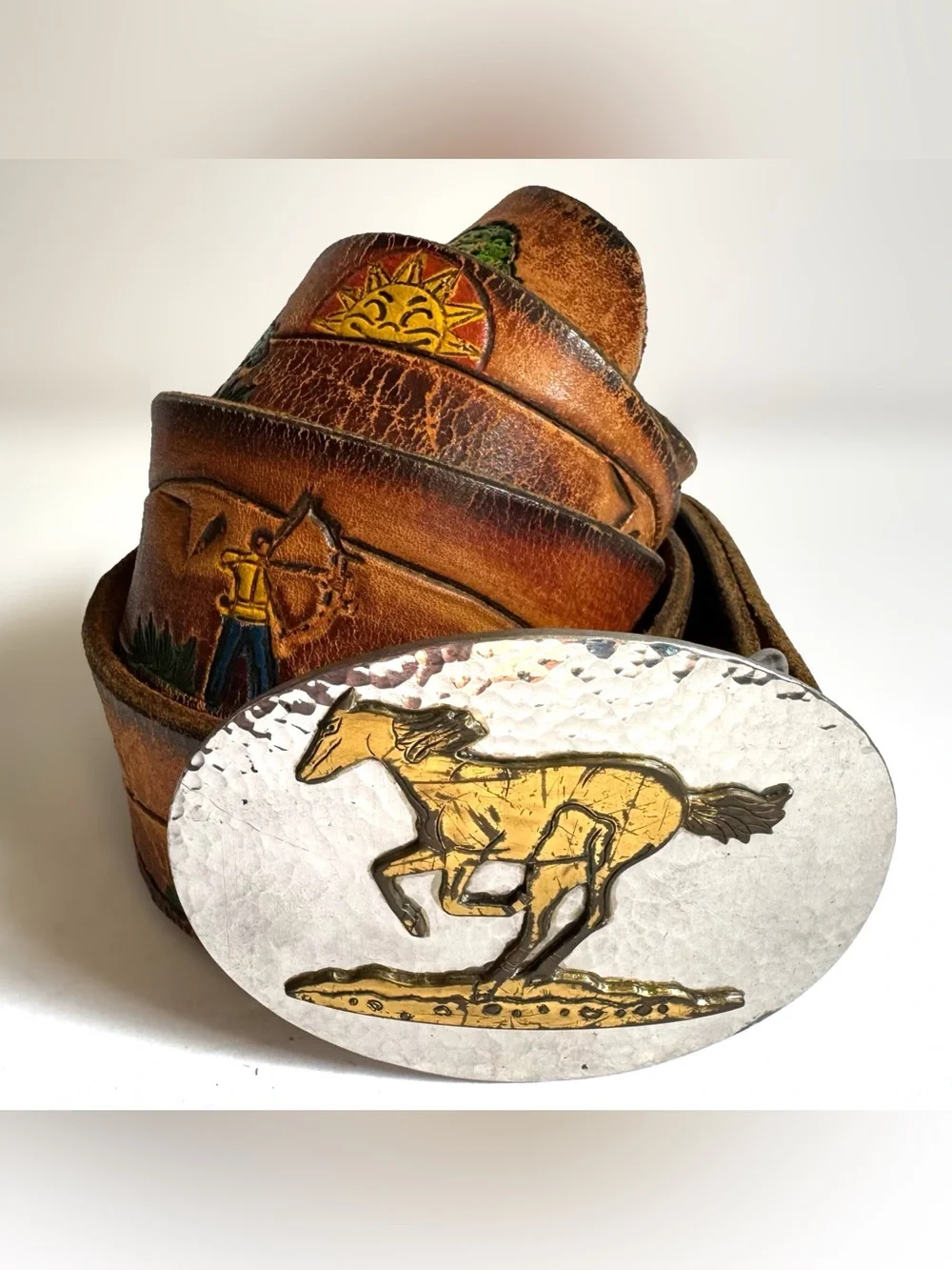 Vintage Hand Tooled Painted Western Leather Belt Horse Buckle Ranch Southwestern
